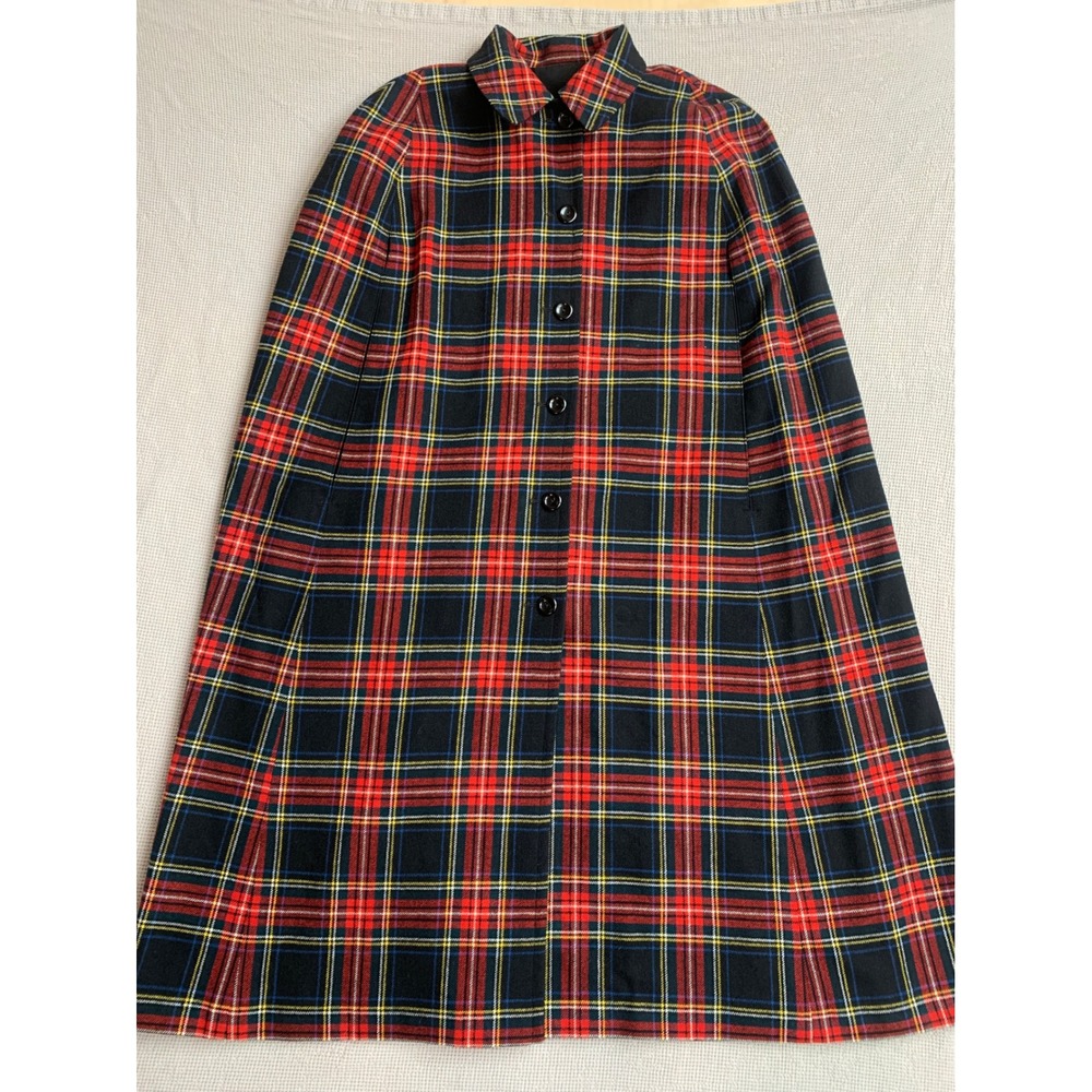 Vintage Reverable Plaid Tartan Button Cape Coat Arm Slits Red Black Heritage M